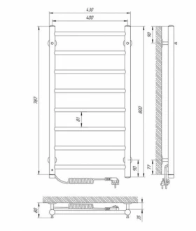 Размеры Электрический полотенцесушитель 430 х 800 мм Laris Альфа хром Д30 правый 73207817 фото № 1