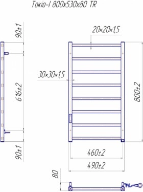 Розміри Електро полотенцесушитель з 8 перекладинами 490х800 Mario Токіо Хром 30x20 Правий 4820111355686 фото № 1