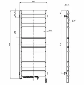 Размеры Сушилка для полотенец электрическая стационарная 480 x 1200 мм Santan Камелия хром левый 999-2209520194 фото № 1