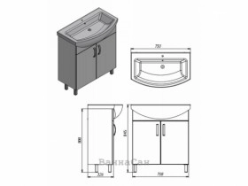 Размеры Тумба с раковиной в ванную 75 см с 2 дверцами ЮВЕНТА ТРЕНТО Trn-75 с умывальником ВИТТОРИА 75 фото № 1