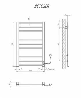 Размеры Полотенцесушитель электрический без полки 500 х 800 мм Kosser Степ Д 40х25 черный правый ДСТ02ER фото № 1