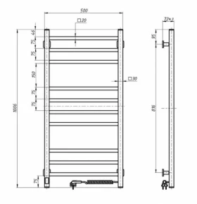 Размеры Полотенце сушка электрическая с регулятором 500 х 1000 мм Navin Loft Д30 белый правый 12-143053-5010 фото № 1