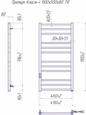Размеры Электро полотенцесушитель с 12 перекладинами 490х1100 Mario Премиум Классик Хром 30x20 Правый 4820111355822 фото № 1