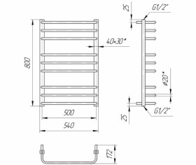 Размеры Полотенцесушитель водяной с 9 перекладинами 540х800 Mario Премиум Стандарт Хром 40x20 ВР 1/2 д 4820111352067 фото № 1