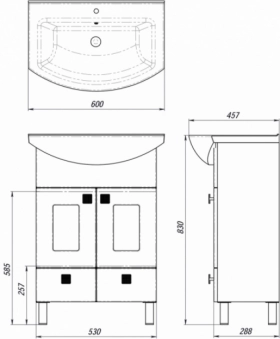 Размеры Тумба с белой раковиной для ванной 60 см ВанЛанд ИРИС Ирт 2-60 с умывальником LIBRA фото № 1