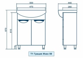 Размеры Тумба с раковиной в ванную 50 см с хромированными ножками КВЕЛ ГРАЦИЯ Т1 Грация Изео 50 с умывальником ИЗЕО 50 КВЕЛ фото № 1