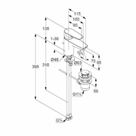 Размеры Смеситель для раковины в ванную с донным клапаном Kludi Pure&Solid хром 411882 фото № 1