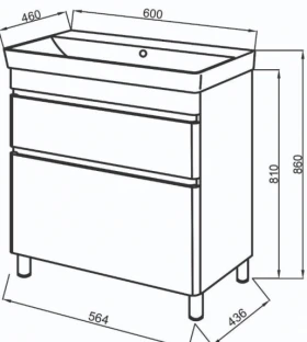 Размеры Умывальник с тумбой на ножках 60 см шириной Юввис VIVACE с раковиной Vivace ТНБ-2 Д 60 VIVACE мат фото № 1