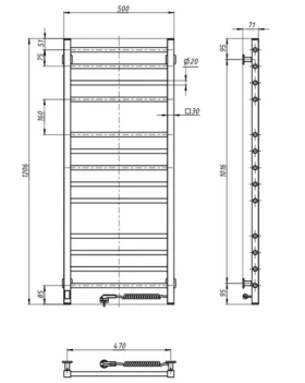 Размеры Полотенце сушка электрическая с терморегулятором 500 x 1200 мм Navin Классик Квадро Д30 белый правый 12-116053-5012 фото № 1