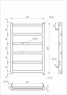 Размеры Полотенцесушитель темный водяной 530x800, Genesis-Aqua Level Черный, 30x20 ВР 1/2 д 1701 фото № 1