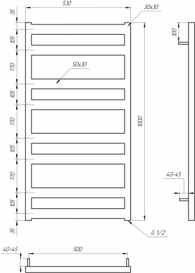 Розміри Сушка для рушників водяна 530x1000, Genesis-Aqua Fom Чорний, 30x50 ВР 1/2 д 2202 фото № 1