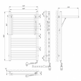 Размеры Электро полотенцесушитель трубчатый 500х900 LARIS Сириус Хром Правый 30x30х32 71207683 фото № 1