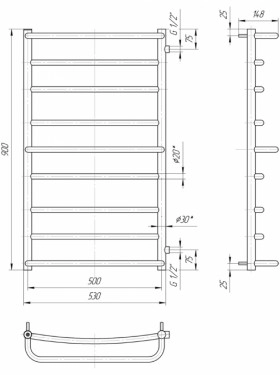 Размеры Полотенцесушитель водяной 550х900 Mario Люкс Хром 30x20 ВР 1/2 д 4820111353569 фото № 1