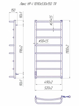 Размеры Электро полотенцесушитель с 8 перекладинами 530х1100 Mario Люкс Хром Правый 4820111355464 фото № 1