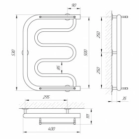 Размеры Полотенцесушитель водяной с полочками 400х500 LARIS П Фокстрот Хром 30x20 ВР 1/2 д 71207448 фото № 1