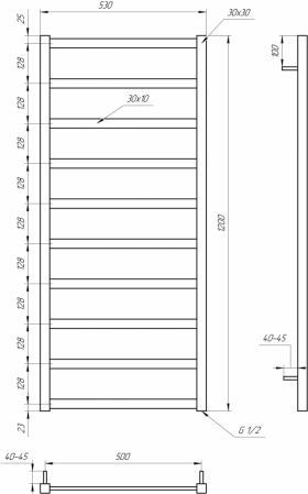 Размеры Полотенцесушитель темный водяной 530x1200, Genesis-Aqua Lono Черный, 30x30 ВР 1/2 д 2803 фото № 1