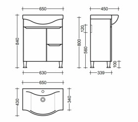 Размеры тумба с раковиной в ванную 65 см на ножках респект prime с умывальником basik-65 №1 фото № 1