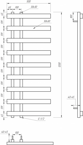 Розміри Полотенцесушитель емальований водяний 500x1200, Genesis-Aqua Split Чорний, 30x60 ВР 1/2 д 1603 фото № 1