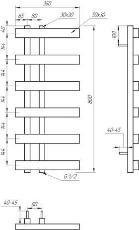 Размеры Полотенцесушитель для туалета водяной 350x800, Genesis-Aqua Magnum Light Черный, 30x50 ВР 1/2 д 20001 фото № 1