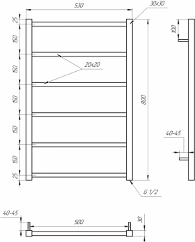 Размеры Полотенцесушитель темный водяной 530x800, Genesis-Aqua Terra Черный, 30x20 ВР 1/2 д 1801 фото № 1