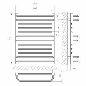 Размеры Полотенцесушитель водяной с межосевым расстоянием 50 см 500х700 LARIS П12 Гермес Хром 35x20 ВР 1/2 д 71207668 фото № 1