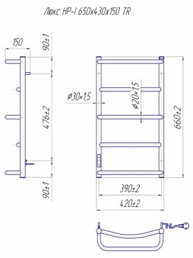 Размеры Электро полотенцесушитель с 5 перекладинами 430х650 Mario Люкс Хром Правый 4820111355440 фото № 1