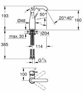 Размеры Смеситель для раковины наружного монтажа Grohe Essence черный 24176KF1 фото № 1