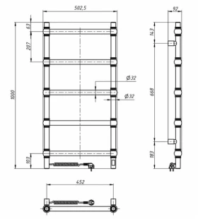 Размеры Полотенцесушитель электрический с 5 перекладинами 500 х 1000 мм Navin Ретро Д32 хром правый 10-040033-5010 фото № 1