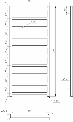 Размеры Полотенцесушитель вертикальный водяной 530x1200 Genesis-Aqua Bud Черный 30x30 ВР 1/2 д 30003 фото № 1