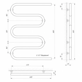 Размеры Полотенцесушитель водяной 600х800 LARIS РС5 Змеевик Хром 30 ВР 1/2 д 71207238 фото № 1