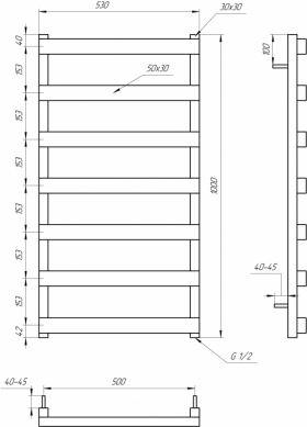 Розміри Полотенцесушитель висотою 100 см водяний 530x1000, Genesis-Aqua Fancy Чорний, 30x50 ВР 1/2 д 2901 фото № 1