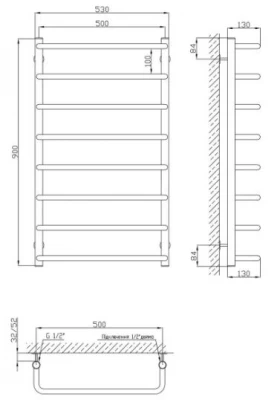 Размеры Полотенцесушитель современный 530 x 900 мм Kosser Скоба 30х20 хром ВР 1/2 д ДС12 фото № 1