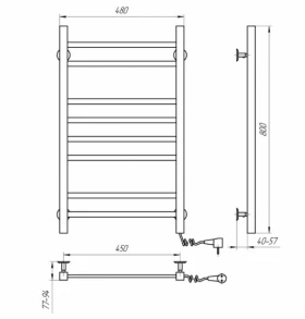 Размеры Электрический полотенцесушитель без дисплея 480 х 800 мм Navin Авангард Д30 черный правый 12-228050-4880 фото № 1