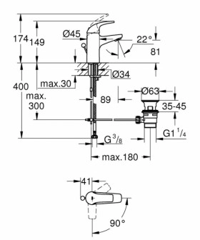 Размеры Смеситель для умывальника с аэратором хром Grohe Start Curve 23805000 фото № 1