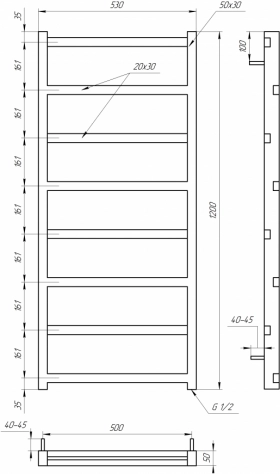 Розміри Полотенцесушитель вертикальний 530x1200, Genesis-Aqua Level Чорний, 30x20 ВР 1/2 д 1703 фото № 1