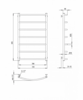 Размеры Полотенцесушитель водяной 530 х 850 мм Paladii Стандарт Хром 30х20 НР 1/2 дюйма РБ194 фото № 1