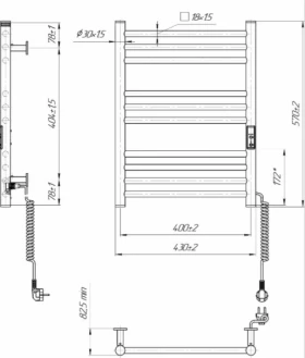 Розміри Сушка для рушників електрична пряма 430 x 570 мм Hygge Family Greenwich Д30 біла права HF Greenwich 570×430 White фото № 1