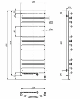 Размеры Полотенцесушитель электрический из круглой трубы 480 x 1200 мм Navin Камелия Д32 черный левый 12-207133-4812 фото № 1