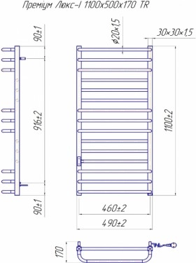 Размеры Электро полотенцесушитель высокий 490х1100 Mario Премиум Люкс Хром 30x20 Левый 4820111356126 фото № 1