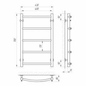 Размеры Полотенцесушитель водяной с 5 перекладинами 400х700 LARIS П5 Флеш Хром 30x20 ВР 1/2 д 74100006 фото № 1