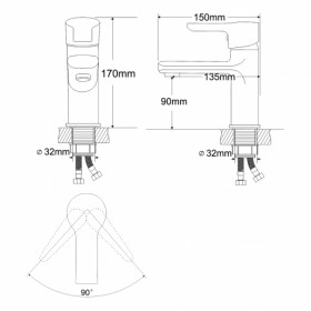 Розміри Змішувач для умивальника хром Rozzy Jenori DUCT RBZ079-1 фото № 1