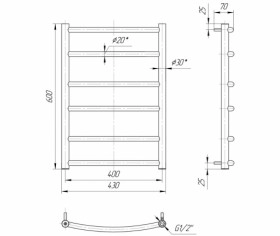 Размеры Полотенцесушитель водяной хромированный 430х600 Mario Классик 30x20 ВР 1/2 д 4820111350285 фото № 1