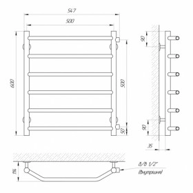 Розміри Сушка для рушників водяна з боковим підключенням 500х600 LARIS П6 Вікторія Хром БП 30x20 ВР 1/2 д 71207596 фото № 1