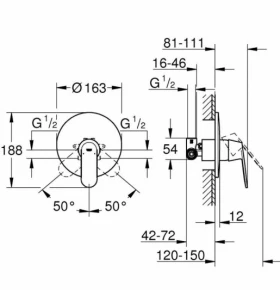 Размеры Однорычажный смеситель для душа Grohe Eurosmart Cosmopolitan хром 32880000 фото № 1