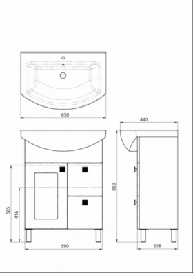 Размеры Белая тумба с раковиной для ванной 65 см ВанЛанд ИРИС Ирт 3-65 с умывальником OMEGA фото № 1