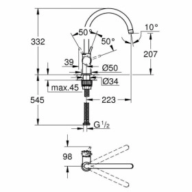 Размеры Кухонный смеситель для мойки премиум класса Grohe BAUCLASSIC 31234001 фото № 1