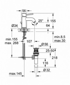 Размеры Смеситель низкий для умывальника GROHE BauClassic хром 23162000 фото № 1