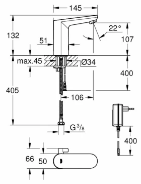 Розміри Змішувач для раковини зовнішнього монтажу Grohe Eurosmart хром 36325002 фото № 1