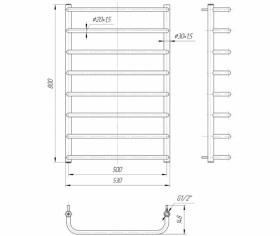Розміри Сушка для рушників водяна з 8 перекладинами 530х800 Mario Стандарт Хром 30x20 ВР 1/2 д 4820111350421 фото № 1