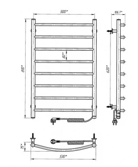 Розміри Сушка для рушників електрична драбинка 530 х 800 мм Laris Зебра Класик біла права 73207863 фото № 1